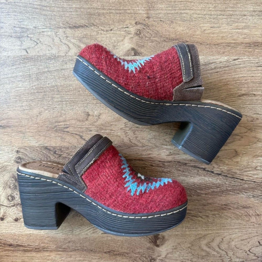 Born Red Wool Platform Clogs with Turquoise Stitching - Picture 8 of 8